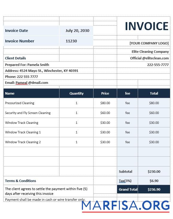 Downloadable Sample Cleaning Service Invoice Template